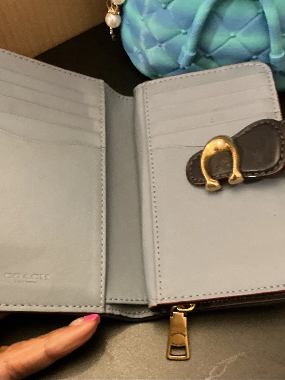 Coach Denim Signature C Compact Wallet in Dark Blue with Gold Hardware